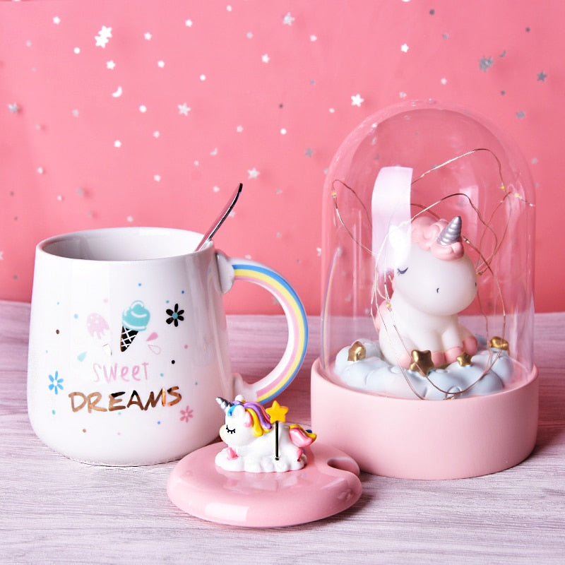 Süße Einhorn-Kaffeetasse mit 3D-Deckel und Löffel Keramik-Tee-Wasser-Tasse Geschenk für Frauen Mädchen Weiß 450 ml