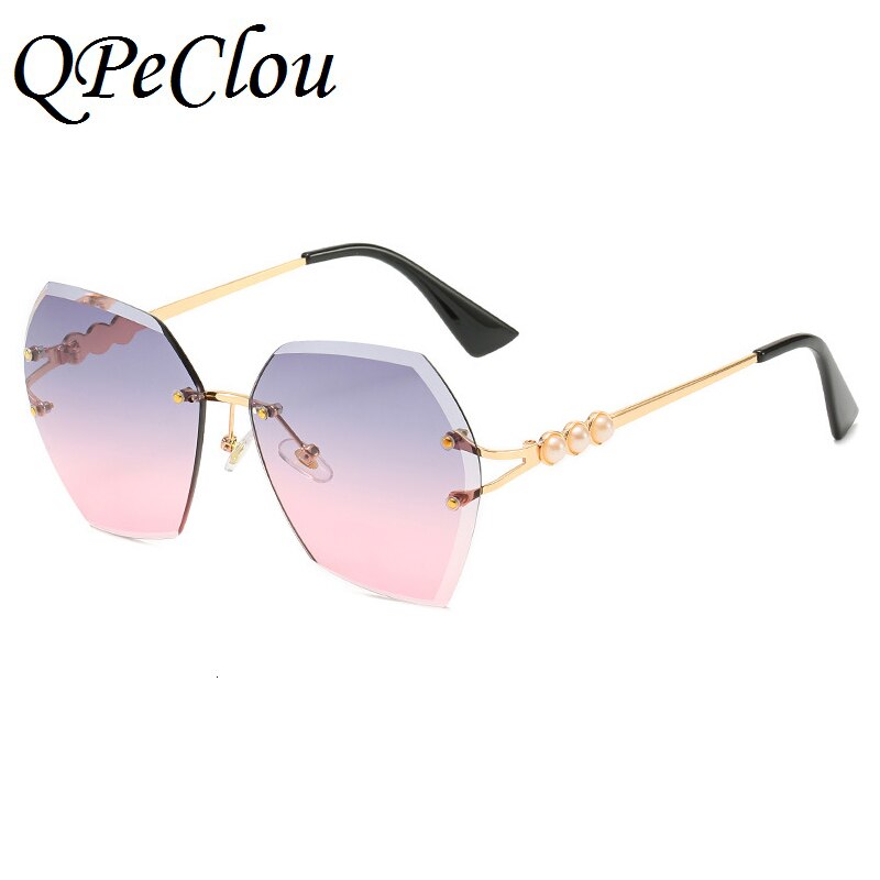 QPeClou 2020 Rimless Polygon Sunglasses Women Retro Luxury Pearls Sun Glasses Woman Fashion Metal Gradient Shades Oculos De Sol