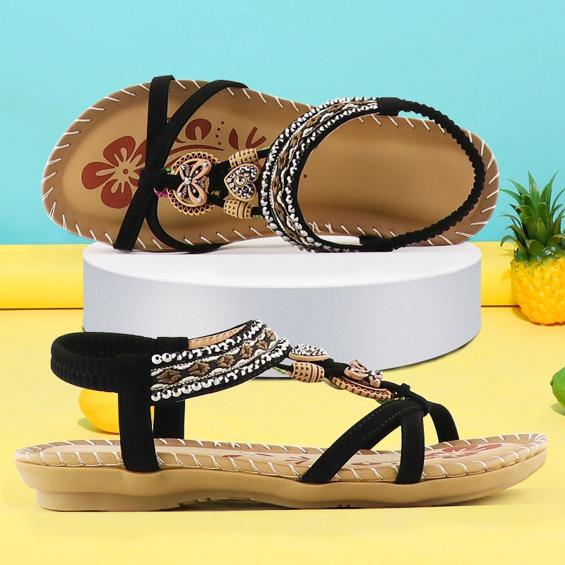 Rhinestone Sandals Ladies 2022 Retro Elastic Band Flat Summer Shoes Woman Soft Gladiator Sandals  Bohemian Print Walking Luxury