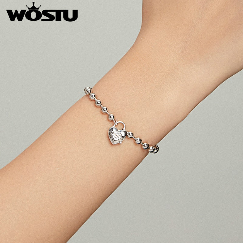 WOSTU, pulsera de corazón de Plata de Ley 925 auténtica, pulsera de cadena de cuentas para mujer, pulsera Original de boda, joyería auténtica CQB203