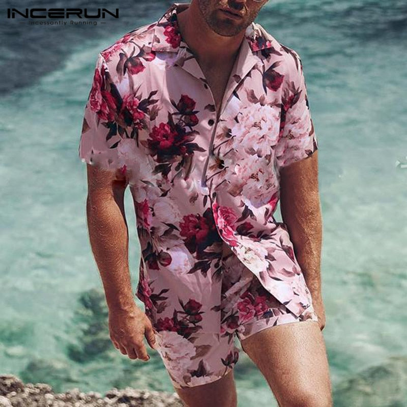 INCERUN, conjuntos para hombre, estampado de flores, vacaciones, transpirable, solapa de playa, camisa de manga corta, pantalones cortos, ropa de calle, trajes hawaianos para hombre, 2 piezas