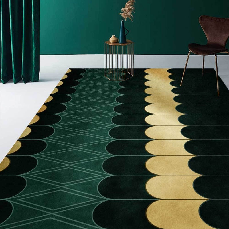 Luxury Deep Emerald Green Carpets Geometric Gold Lines White Marble Mosaic Area Rugs Livingroom Bedroom Sofa Non-Slip Floor Mat