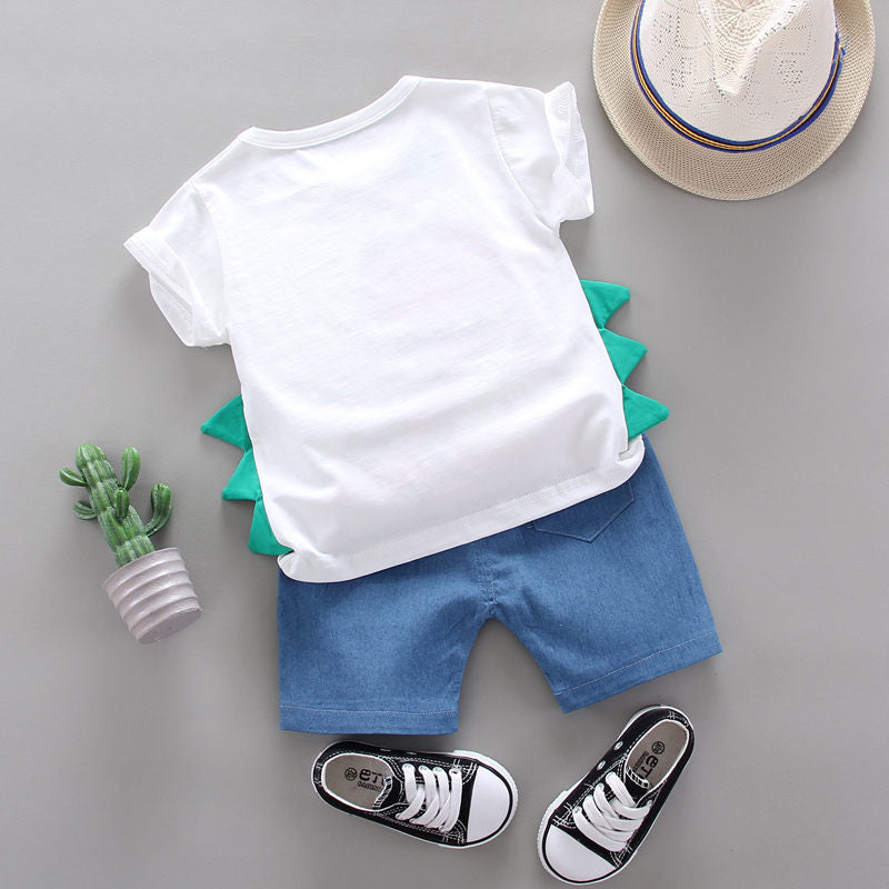 Kinder Baumwolle Kleidung Sommer Baby Jungen Dinosaurier Modellierung Oansatz T-Shirts Denim Shorts 2 Teile / sätze Säuglingskinder Kleinkind Trainingsanzüge