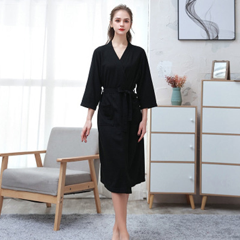 Frauen Sommer 2021 Langer Weicher Bademantel Pyjama Kimono Solide Waffel Bademantel Mit Schärpen Morgenmantel Nachtwäsche Weibliche Homewear