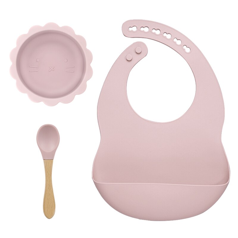 Vajilla de silicona para bebé sin BPA, babero impermeable, toalla Flexible para Saliva, cuenco y cuchara con ventosa de Color sólido para niños