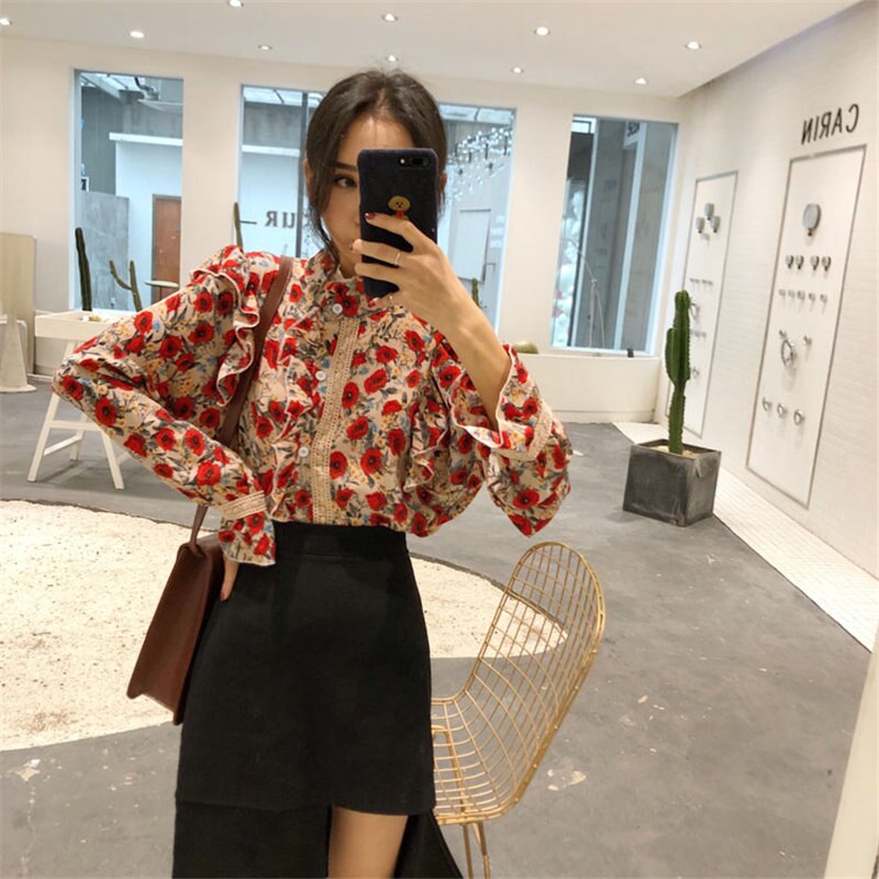 Alien Kitty Plissee Blumen stehen feminin aushöhlen schick 2020 All-Match Sweet Flare Sleeves Frauen lose Bürodamenblusen