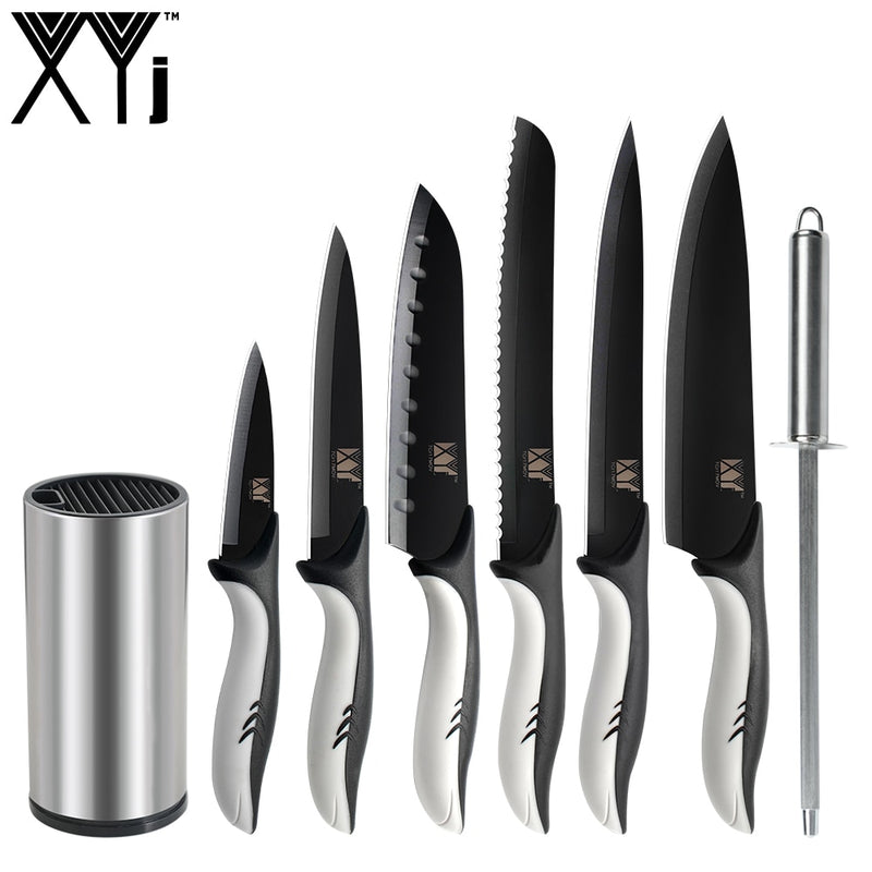 XYj, 7 Uds., soporte para cuchillos de cocina de acero inoxidable, barra de afilado, 8 pulgadas, rebanador de pan de Chef, 7 pulgadas, Santoku, 5 pulgadas, utilidad, cuchillo para pelar de 3,5 pulgadas