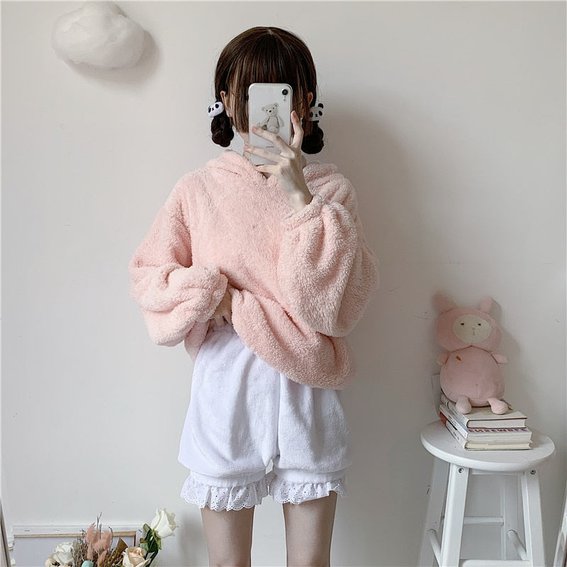 Winter süße Lolita Mädchen warme Samt Shorts süße hohe Taille Spitze Damen Plüsch Pyjama Shorts Sommer Kawaii Pumphose rosa weiß