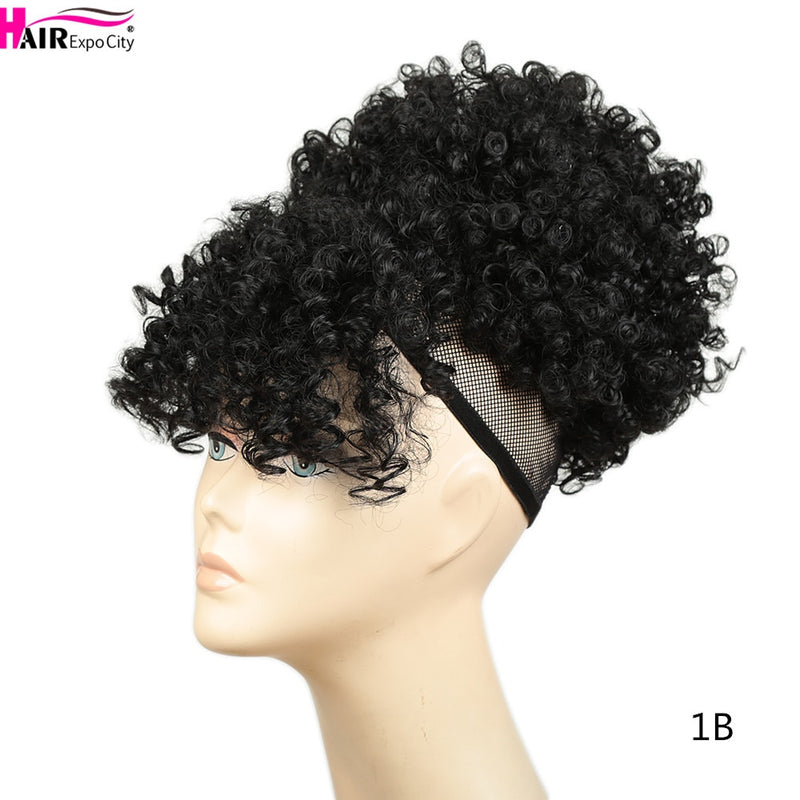 Short Kinky Curly Chignon With Bangs Synthetic Hair Bun Drawstring Ponytail Afro Puff Hair pieces For Women Clip Hair Extension