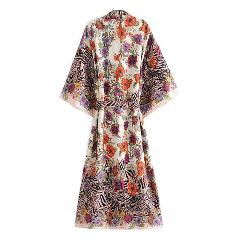 2021 Bohemia Locate Floral estampado largo Kimono camisa Hippie mujeres lazo corbata fajas cárdigan blusa suelta BOHO Tops vacaciones