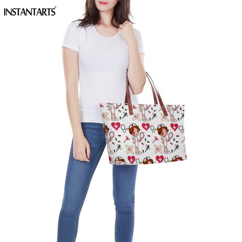 INSTANTARTS Cartoon Nurse Print Women Casual Work Handbags Large Capacity Tote Hospital Paramedical Fashion Travel Shoulder Bag