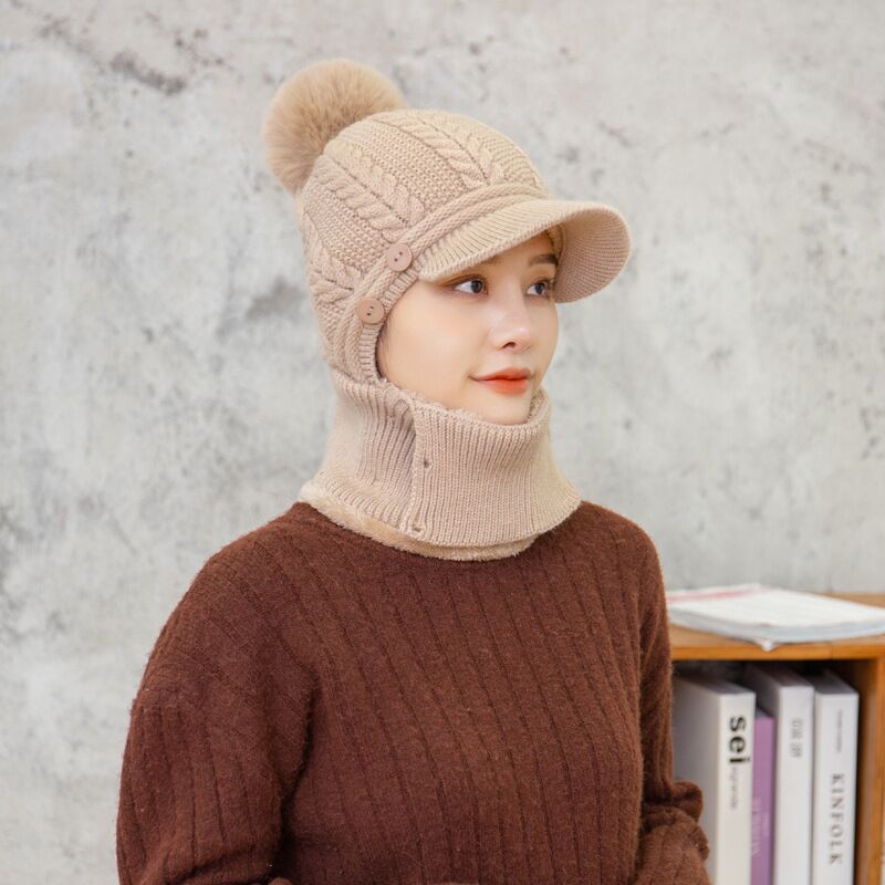2021 Warm Neck Knit Hat Fur Pompoms Hat Mask Winter Hat For Girl Wool Knitted Hat Female Balaclava Caps Gorras Bonnet