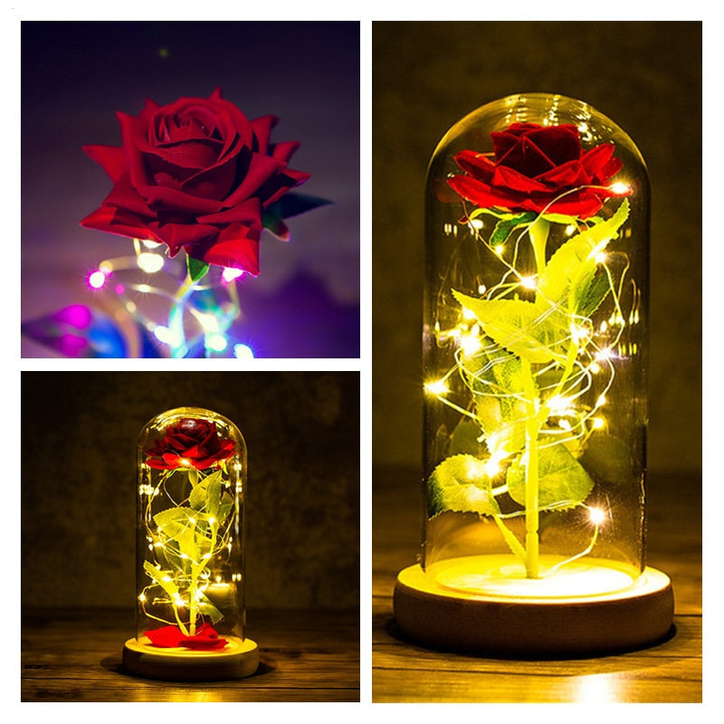 LED Enchanted Galaxy Rose Eternal 24K Gold Foil Flower with String Lights In Dome for Home Decor Christmas Valentine&