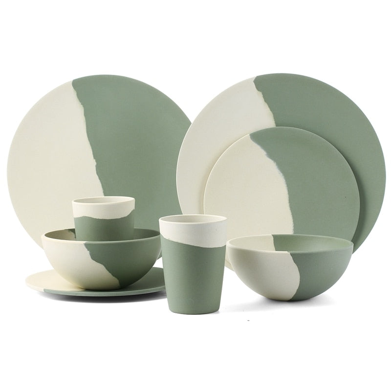 Eco Friendly Bamboo Fiber Tableware Set Lightweight Bamboo Plates Dinnerware Plate Bowl Cup Set for Party Camping Mother&