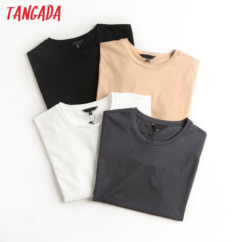 Tangada 2022 women khaki basic cotton T shirt short sleeve O neck tees ladies casual tee shirt street wear top 6D5