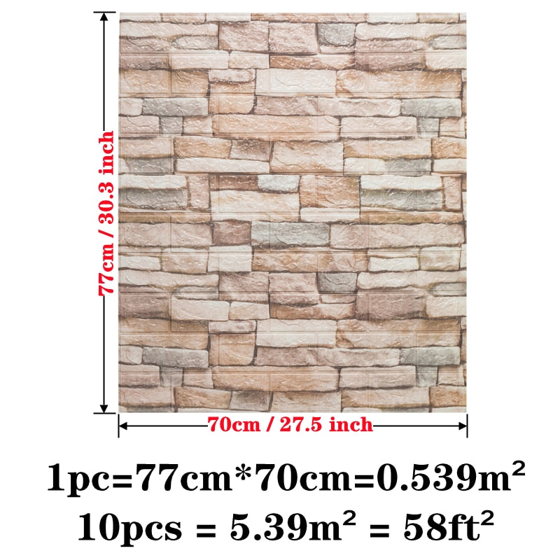 10pcs/Bag 3D Wall Sticker Brick Pattern Wallpaper for Living Room Bedroom TV Wall 77x70cm Waterproof Self-Adhesive Wall Stickers