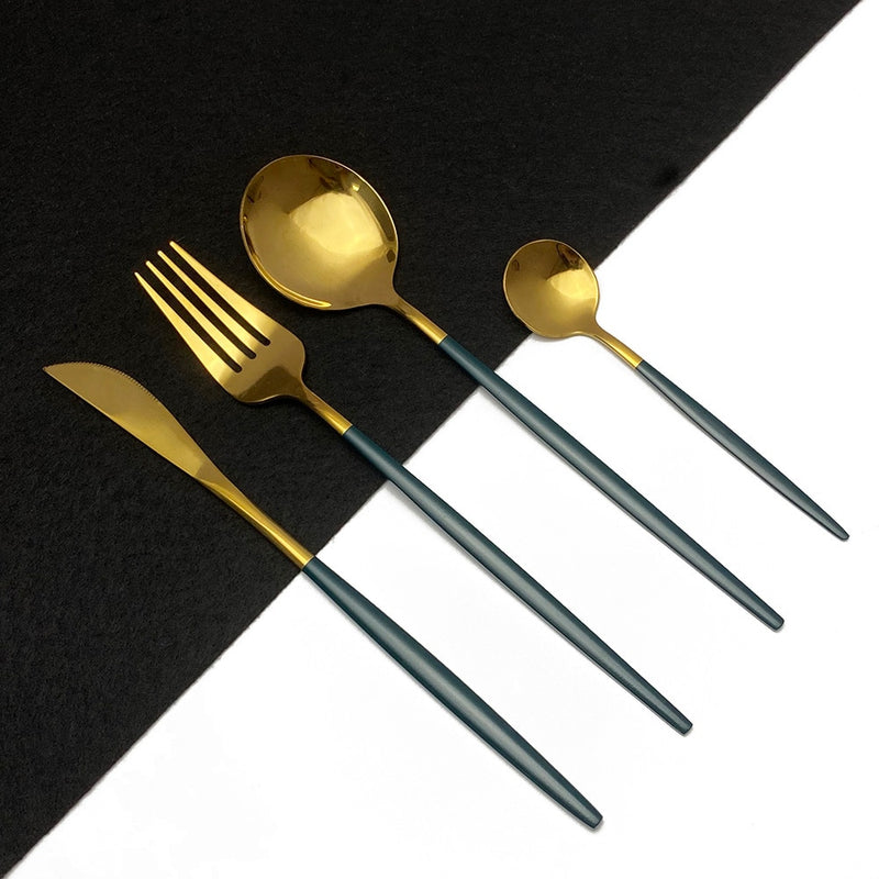 24 unids/set de vajilla de oro negro de acero inoxidable, cuchillo, tenedor, cuchara, juego de cubiertos, vajilla, juego de cubiertos, triangulación de envíos