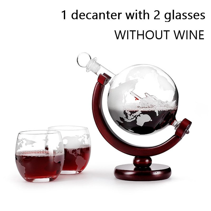 Whiskey Decanter Globe Wine Aerator Glass Set Sailboat Skull Inside Crystal with Fine Wood Stand Liquor Decanter for Vodka