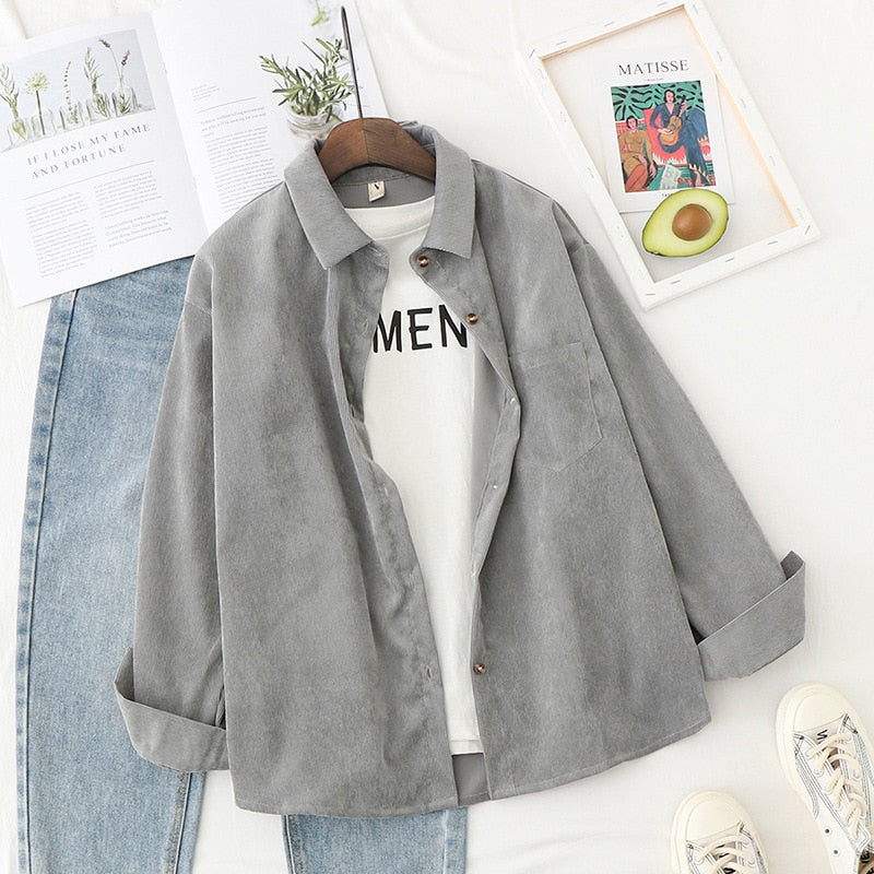Spring Shirts Women Corduroy Blouses Loose Long Sleeve Solid Lady Tops Casual Outwear Female Clothes Autumn Jacket