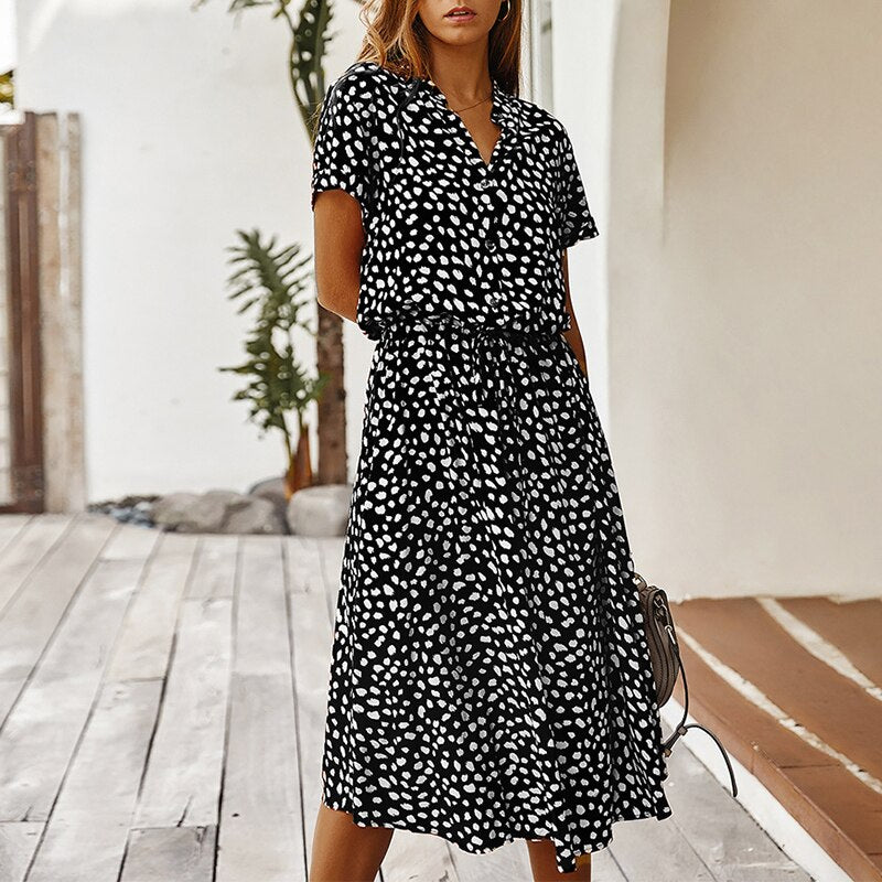 Mode Frauen Kleider Sommer Boho Dot Print Hohe Taille Hemdkleid Casual Holiday Beach Kurzarm Damen Midikleid