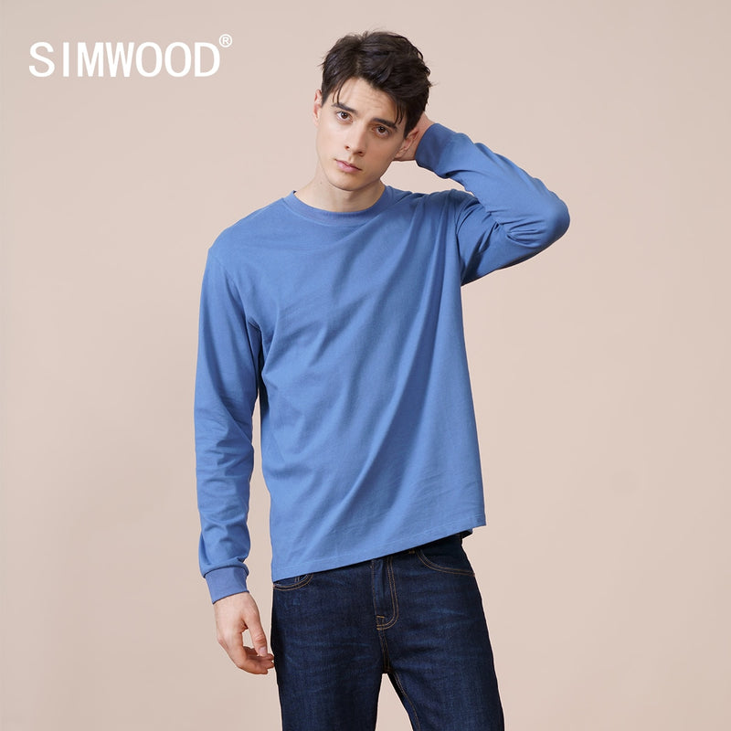 SIMWOOD 2022 Frühling Neues Langarm-T-Shirt Männer Einfarbig 100% Baumwolle O-Ausschnitt Tops Plus Size Hochwertiges T-Shirt SJ120967