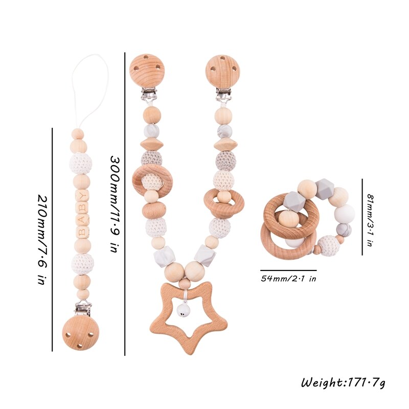 Baby Toys Silicone Beads Teethers Wooden Rings Handmade Bracelet Pacifier Chain Clips Teething Pram Stroller Bell Baby Products