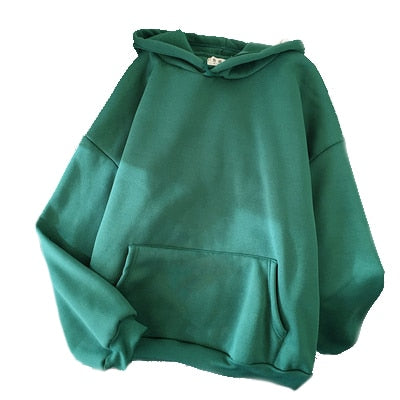 Harajuku Solid Color Women Hoodies Pullover Simple Style Loose Fit Spring Autum Fleece Hooded Sweatshirt Pocket Woman Tops