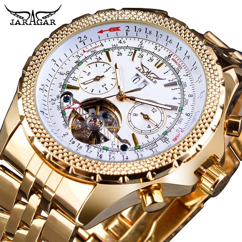 Jaragar 2017 Flying Series Golden Bezel Scale Dial Design Reloj de acero inoxidable para hombre Marca de lujo Reloj mecánico automático