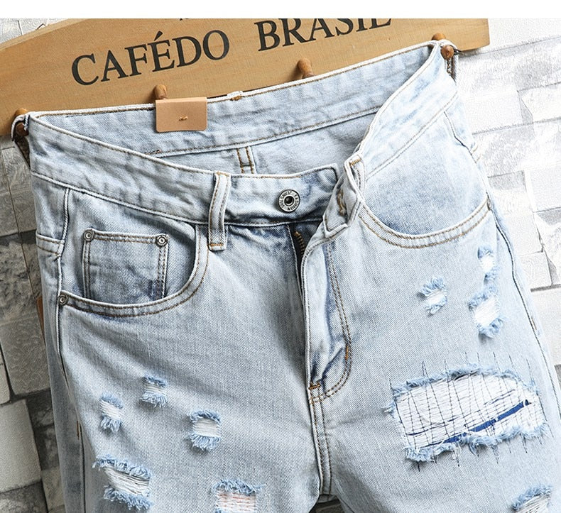 New Summer Men Holes Denim Shorts Light Blue Short Jeans Good Quality Men Knee Length Jeans Shorts Large Size Straight Jeans