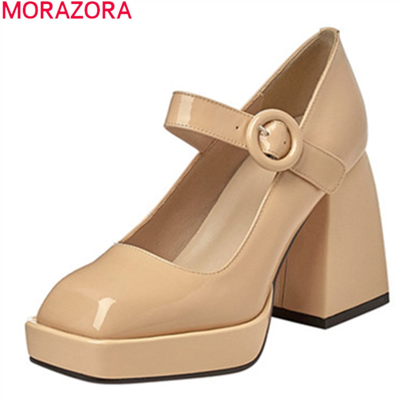 MORAZORA 2021 zapatos de plataforma de moda zapatos de fiesta de boda de cuero genuino verano señoras tacones altos mujeres bombas negro