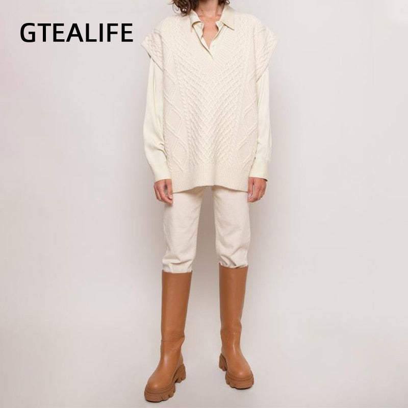 Gtealife Women Vest Simple All-match Style V-neck Knitted Sweater Leisure Student Sleeveless Female Vintage sweater waistcoat