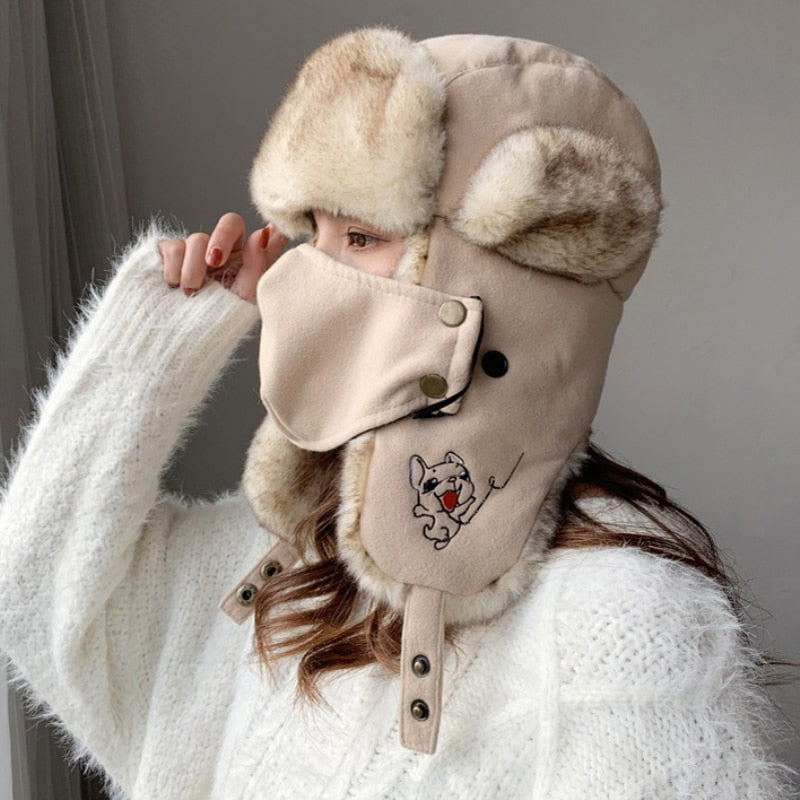 HT2876 Russian Hat Thick Warm Women Winter Hat Ladies Earflap Trapper Snow Ski Cap Female Mask Ushanka Fur Hat Women Bomber Hat