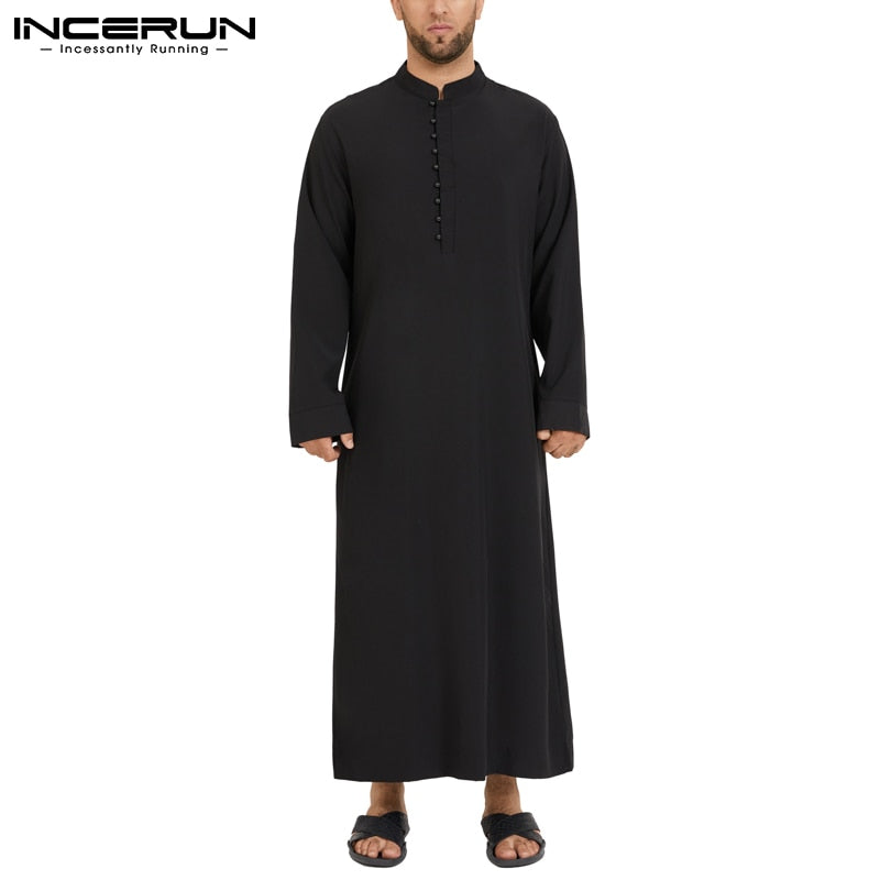 Muslim Men Jubba Thobe Long Sleeve Solid Color Breathable Robes 2022 Stand Collar Islamic Arabic Kaftan Men Abaya S-5XL INCERUN