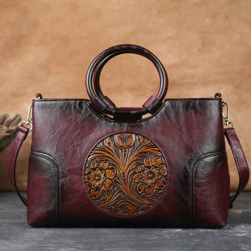 Johnature High Quality Leather Women Bag 2022 New Retro Handmade Embossed Shoulder Bags Large Capacity Female Messenger Bag