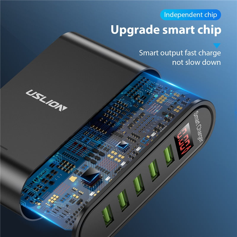 USLION 5 Port USB Charger For Xiaomi LED Display Multi USB Charging Station Universal Phone Desktop Wall Home EU US UK Plug