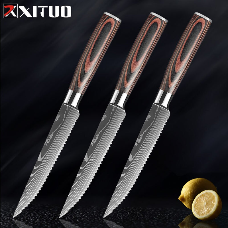 XITUO Steak Knife Set Damascus Pattern Stainless Steel Serrated Knife Beef Cleaver Multipurpose Restaurant Cutlery Table Knife