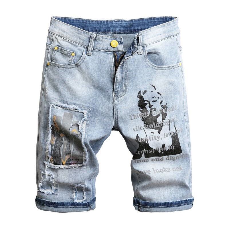 3D-Charakter Kunst bedruckte hellblaue bequeme Jeans-Shorts für Herren 2020 Sommer neue Jugend-Must-Have-Mode dünne Jeans-Shorts