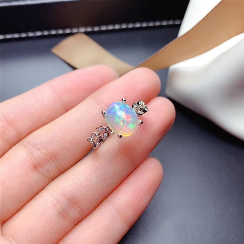 LeeChee Genuine Opal Ring for Women Anniversary Gift 8*10MM White Opal Gemstone Colorful Fine Jewelry Real 925 Sterling Silver