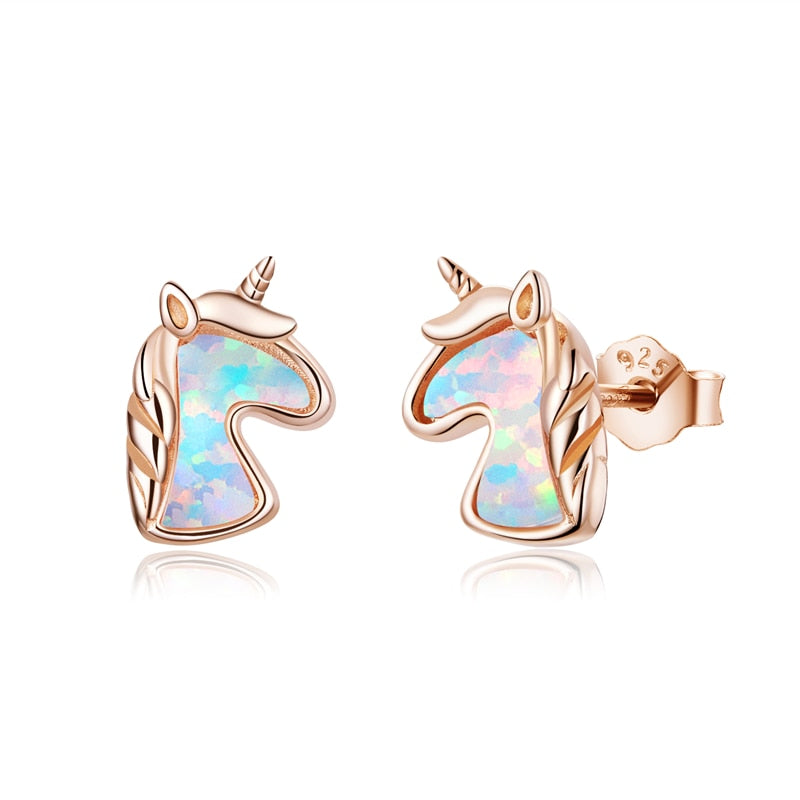 WOSTU 925 Sterling Silver Opal Stud Earrings Cat Unicorn Heart Blue Opal Earrings For Women Original Silver 925 Jewelry