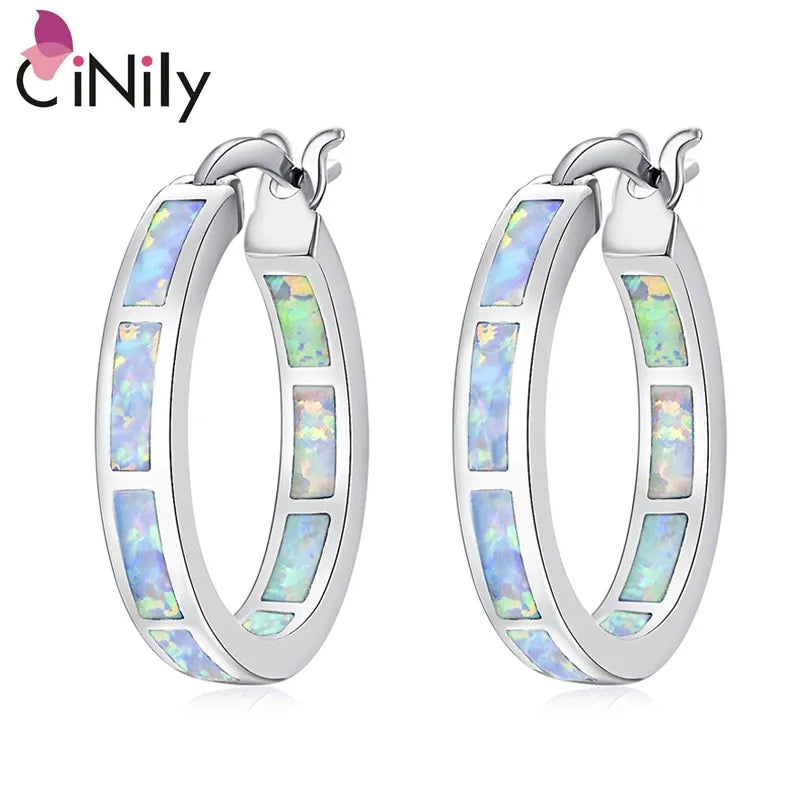 CiNily White Fire Opal Hoop Earrings With Stone Silver Plated Small Round Circle Chic Summer Punk Jewelry Best Gifts for Woman