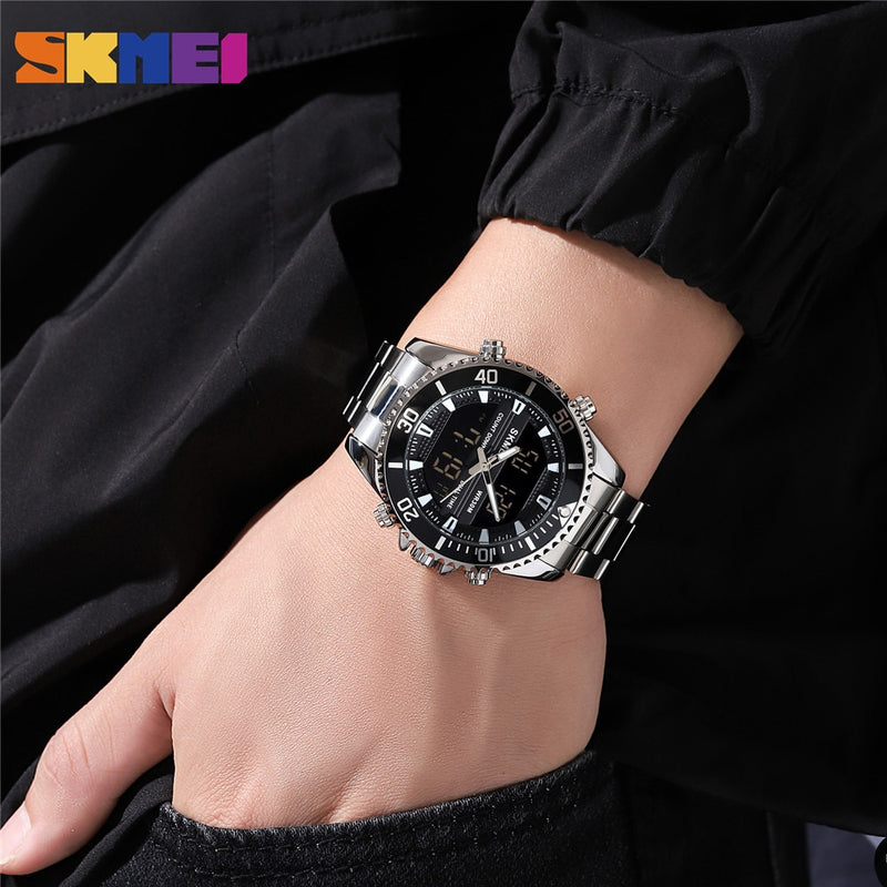 SKMEI Dual Display Watches Mens Fashion Digital Wristwatches Chrono Alarm Men Clock Waterproof Stainless Steel Relogio Masculino