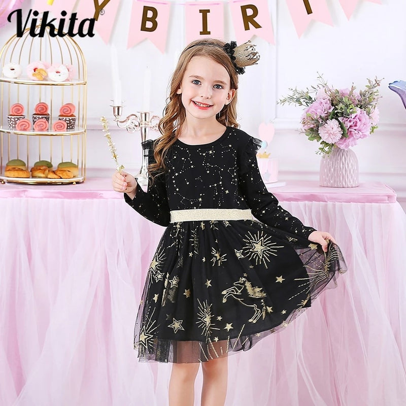 VIKITA Kinder Partykleid für Mädchen Kinder Pailletten Kleider Mädchen Stern Kleid Kleinkinder Freizeitkleider Kinder Herbst Kostüme