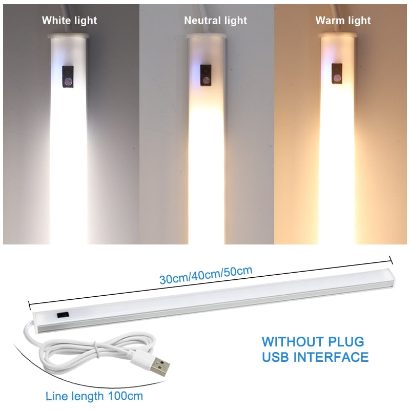 2 unids/lote de luces LED USB para debajo del armario, luces de cocina, 5V, 3 colores, lámpara con Sensor de barrido manual, luz LED para armario, iluminación para armario de dormitorio