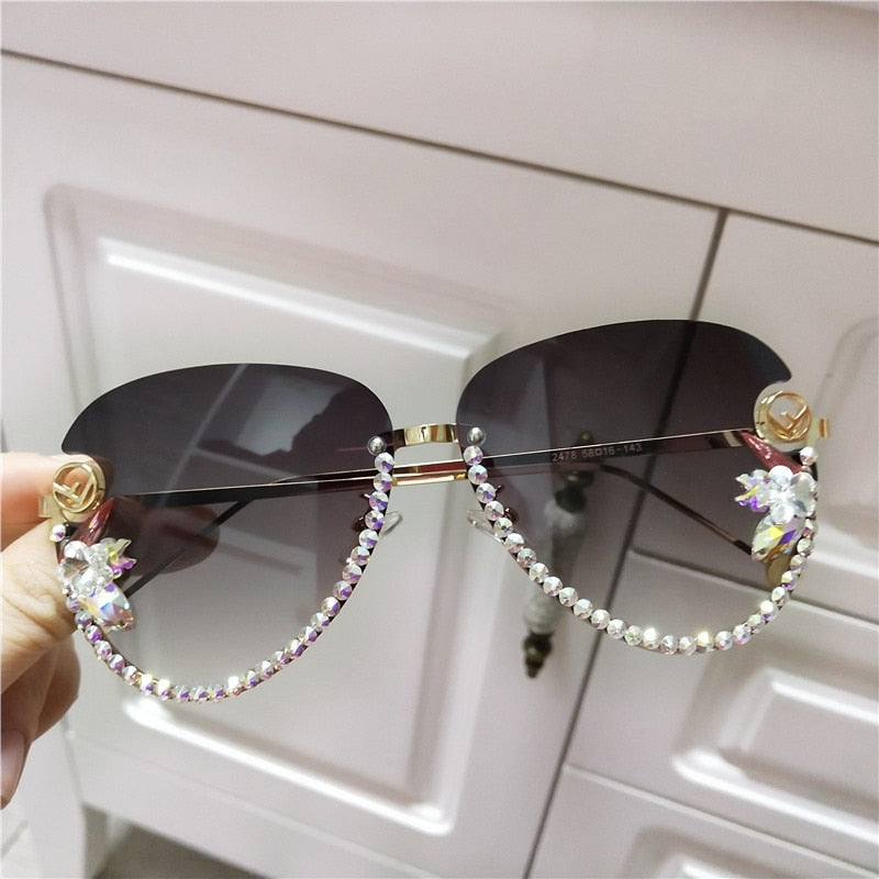 Fashion sunglasses women Vintage designer crsytal sun glasses rimiless cat eye sunglasses ladeis F letter eyeglasses