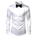 2pcs Silver Silk Shirt+Tie Mens Satin Smooth Tuxedo Shirts Casual Button Down Men Dress Shirts Wedding Party Prom Chemise Homme