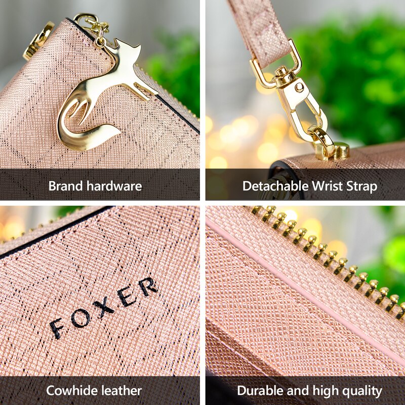 FOXER, cartera de cuero dividida para mujer, bolso de mano plegable con muñequera, tarjetero a la moda, monedero, bolso para teléfono móvil, monedero femenino