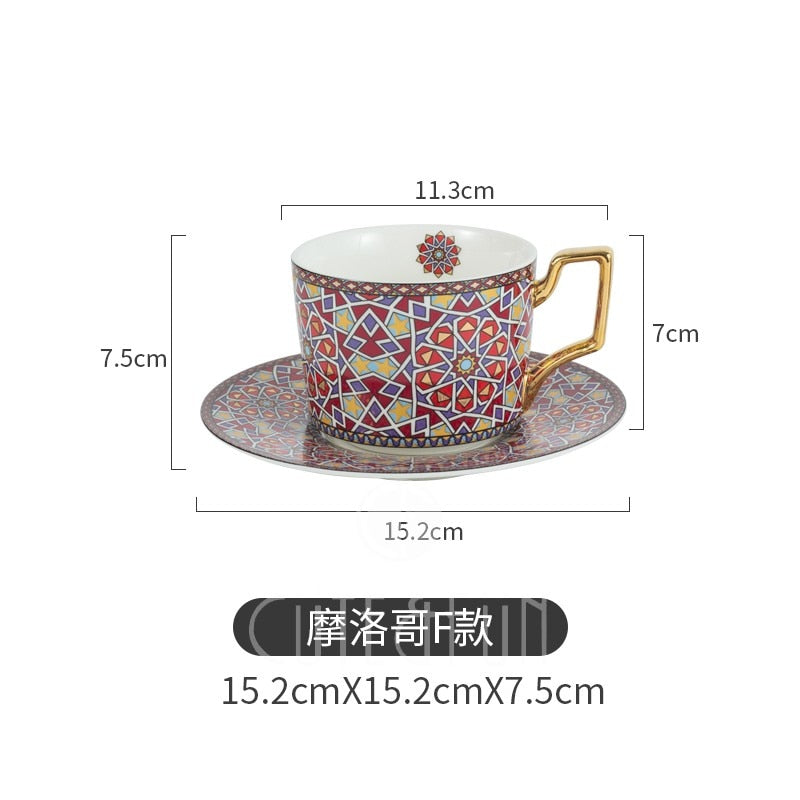 Moroccan Style Luxury Coffee Cup and Saucer Set with Gold Handle for Special Coffee Cappuccino Ceramic Tea Cup 250ml