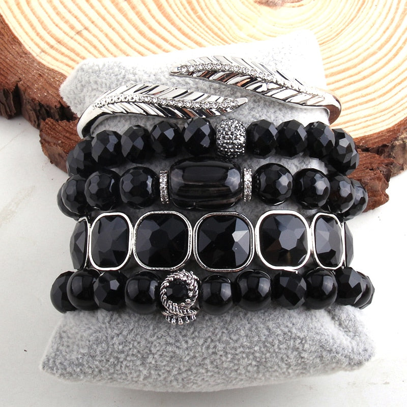 RH Fashion Designer Beaded Bracelet Set Natural Stone Metal Cuff 5pc Bracelets & Bangles Set For Fashion Jewelry