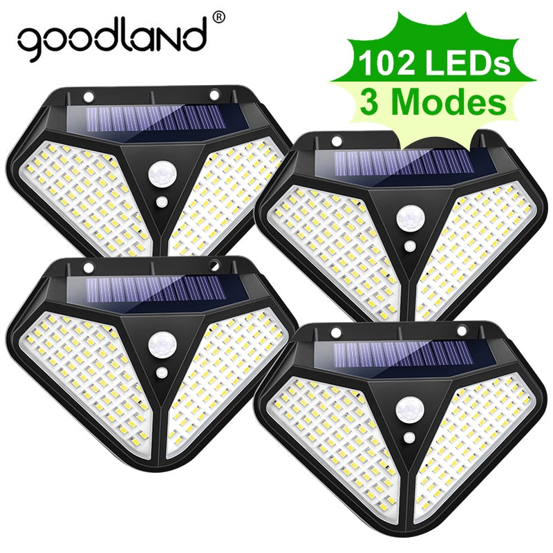 Goodland 102 LED Luz solar Lámpara solar para exteriores Luz solar alimentada 3 modos Sensor de movimiento PIR para decoración de jardín Wall Street