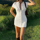 Damen Elegantes Kurzarm Skinny Minikleid Sommer Umlegekragen Gerafftes Hemdkleid Grün Blau Slim Partykleider Vestido